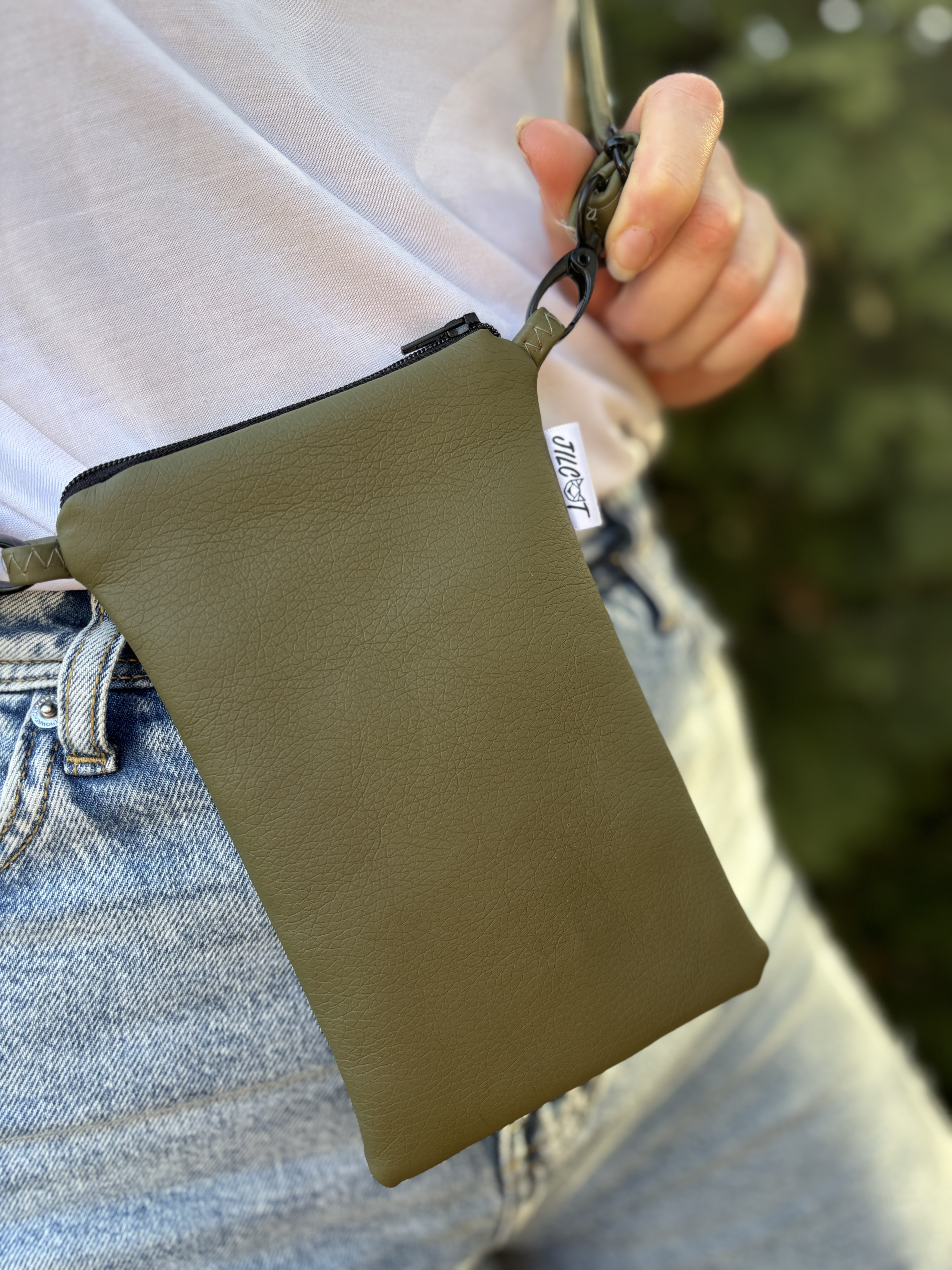 Crossbody na mobil (Khaki s koženkovým popruhem)