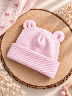 Čepička 0-3 měsíce (baby pink s oušky)